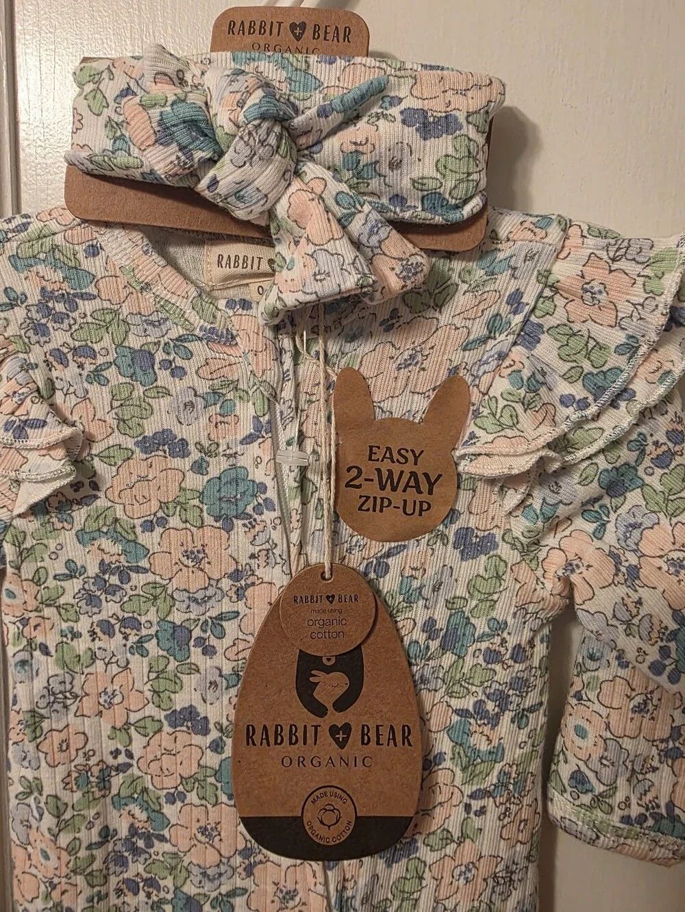 Floral Ruffle Baby One-Piece - Pastel Pink & Green
